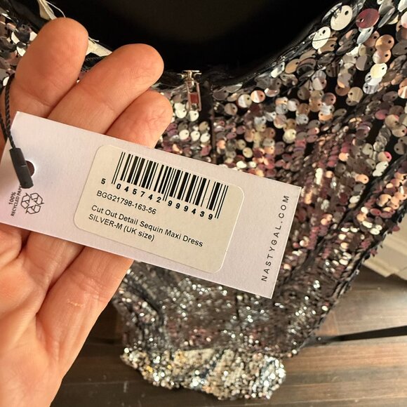 NWT Nasty Gal Silver Sequin Maxi Dress – Cut-Out Detail - Picture 9 of 11